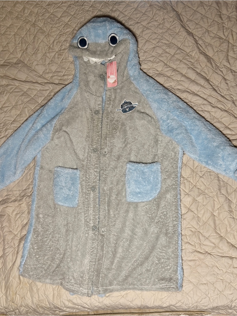 Kids Shark Hooded Plush Coat - Light Blue & Gray